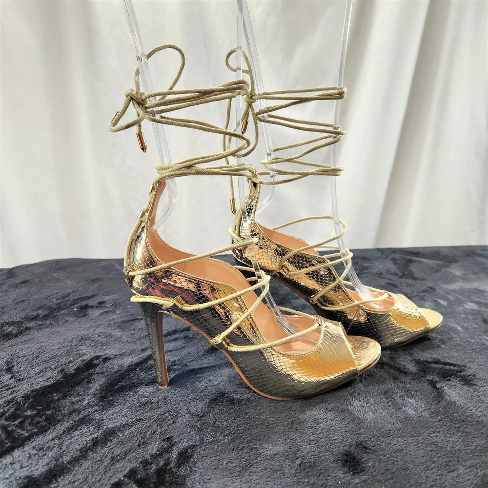 M&L Gold Metallic Material Open Round Toe Strappy Tie Detail 4" Stiletto Heels